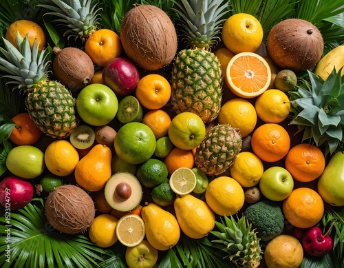 Colorful fruit arrangement on palm leaves