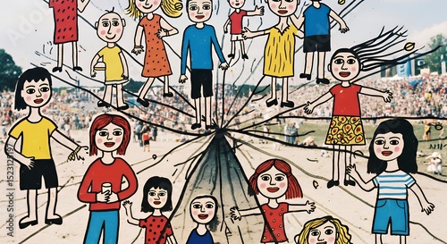 Whimsical Illustration of Diverse People Enjoying a Festival or Event
