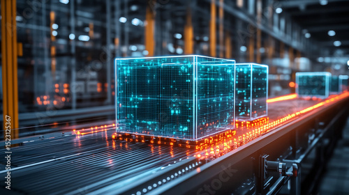 Automated warehouse conveyor belt with digital cubes for iot and industry automation technology