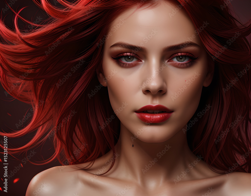 Fototapeta premium women's hair coloured in an intense ruby colour. Hair colouring red in modern shades. Cherry red hair, loose waves. Illustration for cover, advertising, marketing or presentation trendy red outfit