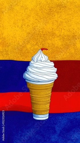 Isolated Ice Cream Cone with Cherry against Textured Colorful Background