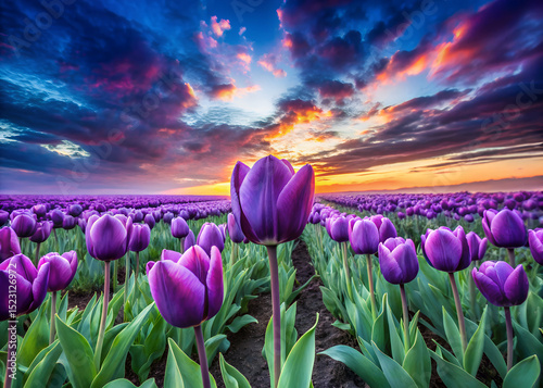 Rare blue tulip field swaying in the wind, under a vibrant purple sky generative ai