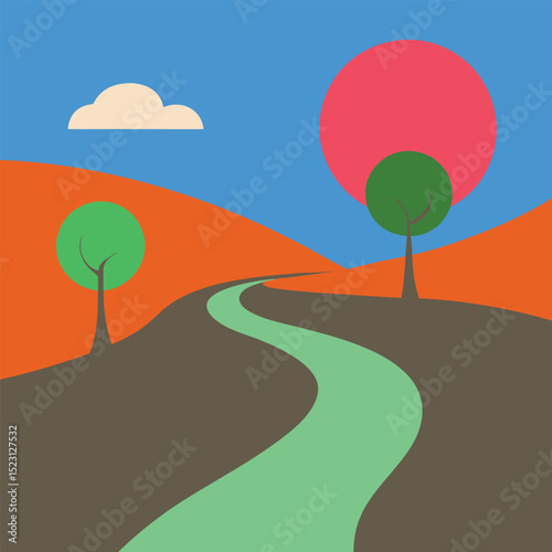 A Road Leading to a Hill, Stylized Sunset Landscape Vector Art with Curved Path and Trees silhouette, colorful background illustration, A Road Leading to a Hill vector silhouette, Clipart design