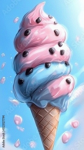 Stacked Ice Cream Cone with Chocolate Chips on a Sunny Day