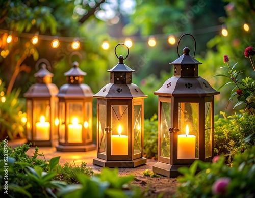 Garden lanterns at dusk