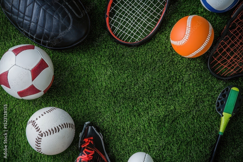 Variety of sports equipment arranged on green grass surface for multiple games and activities