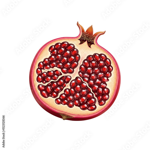 Vibrant Red Pomegranate Half with Juicy Arils Isolated on White Background, Healthy Fruit Clipart