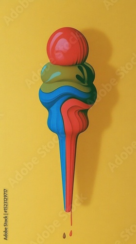 Stylized Sphere with Layers of Green, Blue, and Red on Yellow Background
