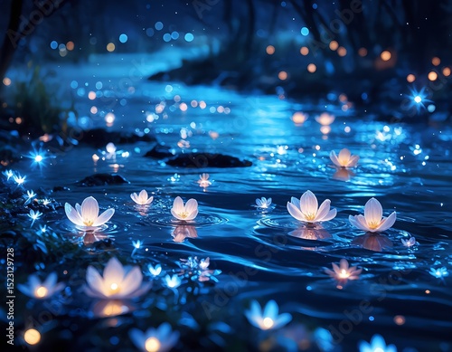 abstract background with water and flowers in neon light