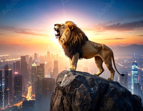 Majestic lion atop city skyline at dawn
