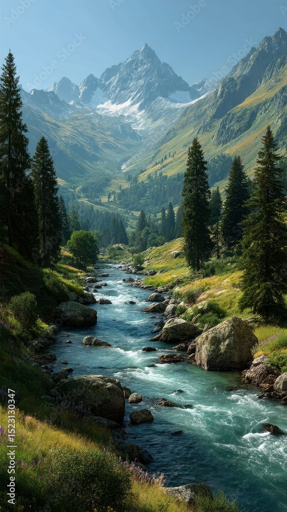 Obraz premium Serene mountain landscape featuring a winding river and lush greenery under a clear blue sky