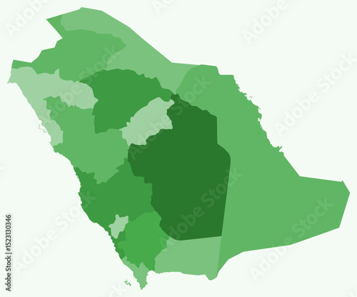 Map of Saudi Arabia with regions. Just a simple country border map with region division. Green color palette. Flat Saudi Arabia shape with administrative division. Vector illustration.
