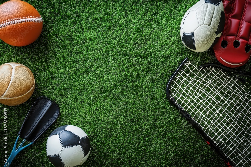 Sports equipment on green grass ready for outdoor activities and games during a sunny day Sports equipment on green grass ready for outdoor activities and games during a sunny day