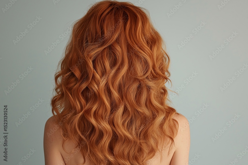 Fototapeta premium Trendy Long Red Hair with Soft Tousled Curls. Elegant Spring Hairstyle Inspiration for Fashion-Forward Woman