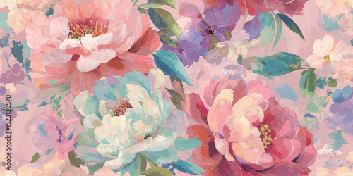 Lush Pink Painterly Peonies Floral Seamless Pattern for design, textile, packaging, fabric, wallpaper, branding, stationery, wrapping paper interior decor