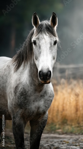 Majestic grey horse standing in a tranquil field during early morning light with soft mist rising in the background