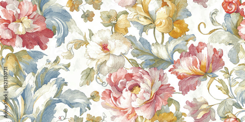 Elegant Romantic Pastel Floral Bloom Seamless Pattern with Gold Accents for modern design, textile, packaging, fabric, wallpaper, branding, stationery, wrapping paper interior decor