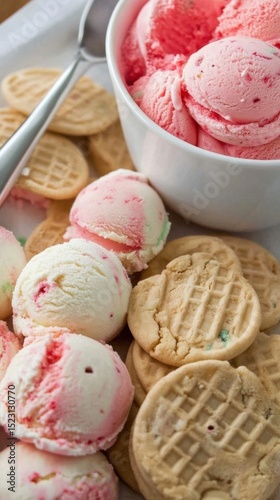 Bowl of Strawberry Ice Cream with Cookies and Spoon, Close Up
