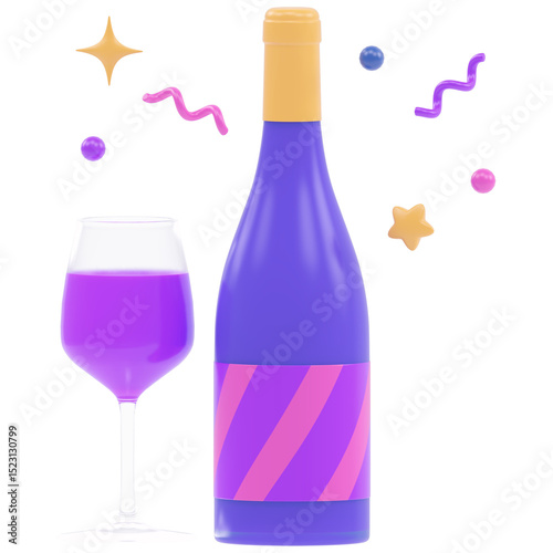 wine bottle and glass 3d icon in cartoon plastic style minimal isolated on transparent white background, clipping path
