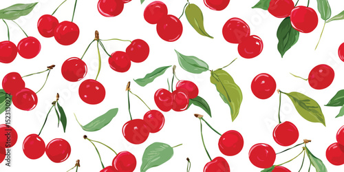 Fresh Red Cherries Botanical Watercolor Seamless Pattern. Sweet Summer Fruit Print for design, textile, packaging, fabric, wallpaper, branding, stationery, wrapping paper interior decor.
