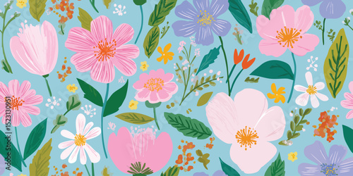 Joyful Modern Flat Floral Seamless Pattern. Vibrant Spring Summer Garden Bloom Design for trendy design, textile, packaging, fabric, wallpaper, branding, stationery, wrapping paper interior decor