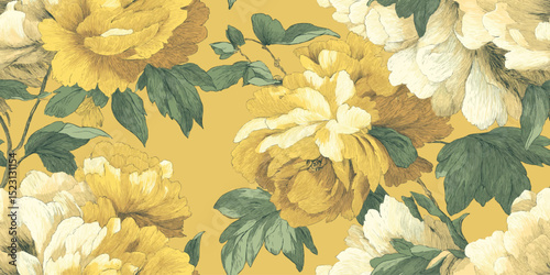 Luxurious Vintage Golden Peony Floral Seamless Pattern. Elegant Botanical Engraved Bloom Art trendy design, textile, packaging, fabric, wallpaper, branding, stationery, wrapping paper interior decor