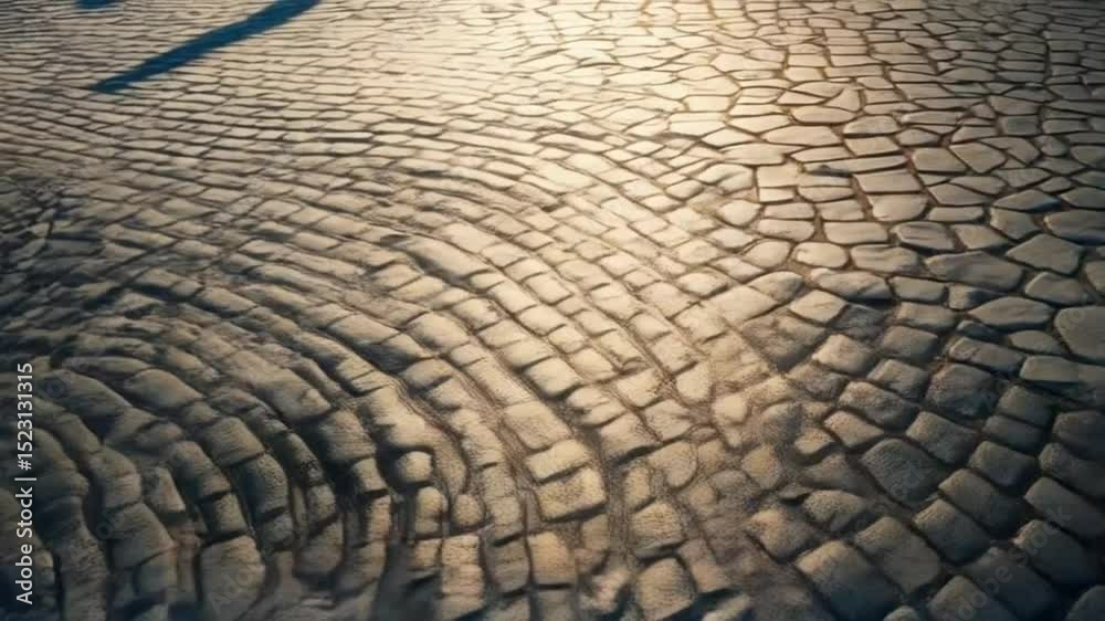 A ground level view of an old stone paved surface with irregular shapes and neutral colors background texture video