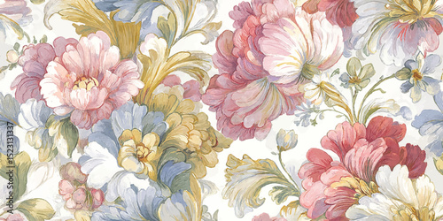 Ornate Vintage Grand Floral Seamless Pattern. Luxurious Baroque Rococo Peony Bloom Design for trendy design, textile, packaging, fabric, wallpaper, branding, stationery, wrapping paper interior decor