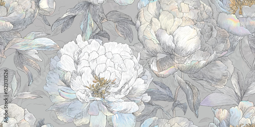 Elegant Serene White Peony Floral Seamless Pattern. Delicate Luxurious Botanical Bloom Design trendy design, textile, packaging, fabric, wallpaper, branding, stationery, wrapping paper interior decor