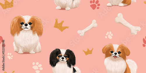 Cute Whimsical Dog Pet Seamless Pattern. Adorable Puppy Crown Bone Animal Design for trendy design, textile, packaging, fabric, wallpaper, branding, stationery, wrapping paper interior decor