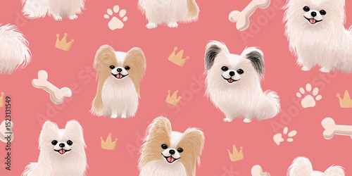 Cute Whimsical Dog Pet Seamless Pattern. Adorable Puppy Crown Bone Animal Design for trendy design, textile, packaging, fabric, wallpaper, branding, stationery, wrapping paper interior decor
