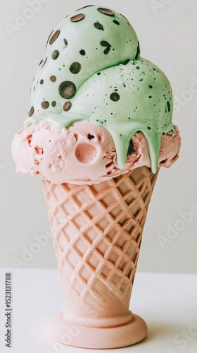 Pink waffle cone holding pink and mint ice cream scoops, with dripping mint ice cream
