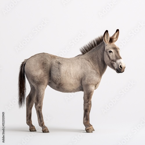 Realistic 3D Donkey Illustration. Cute Gray Domestic Equine on Farm with Tail and Ears Up