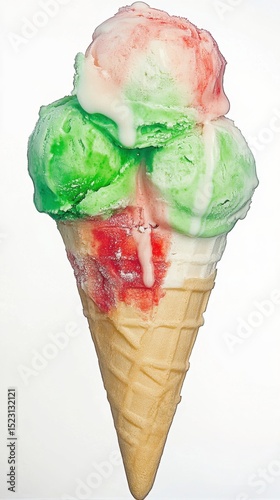 Cone with Green and Pink Ice Cream Scoops Dripping on a Plain Background