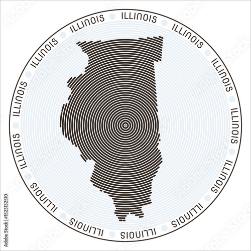 Illinois round logo design. State shape build of rings. Illinois text around the state. Vector Illustration.