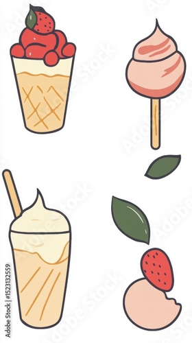 Assorted Flavored Drinks and Desserts: Strawberry Sundae, Smoothie, Ice Cream Pop, Bite