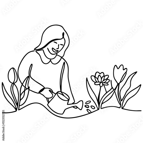 Smiling Person Gardening with Watering Can Among Flowers in a Minimalist Style for Eco-Friendly Blogs, Gardening Websites, and Lifestyle Social Media Content  