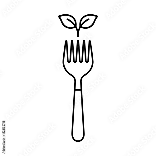 Minimalist line icon of a fork with a growing sprout, symbolizing healthy eating, eco food, and vegetarian lifestyle