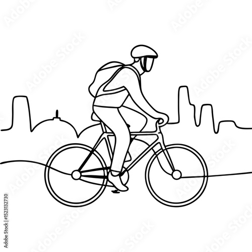Line Art of a Person Riding a Bicycle in an Urban Setting for Lifestyle Blogs, Transportation Websites, Cycling Awareness, Illustrations for Fitness Articles, and Urban Design Content  
