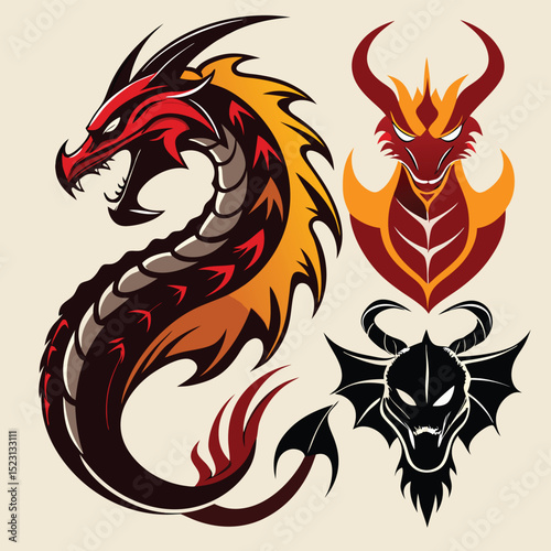 Three stylized dragon illustrations in red orange and black colors