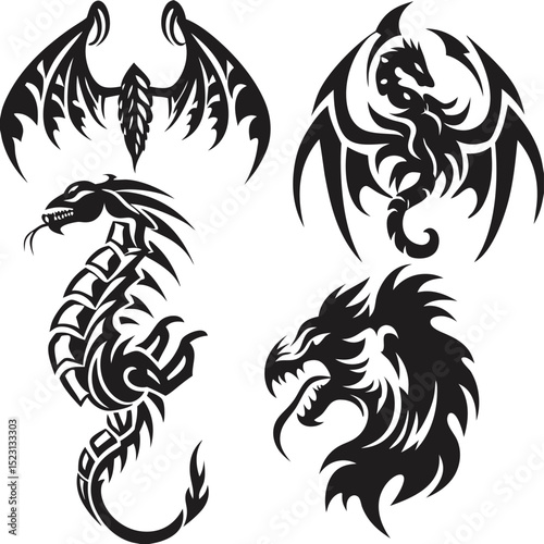 Collection of Four Stylized Dragon Illustrations in Black and White