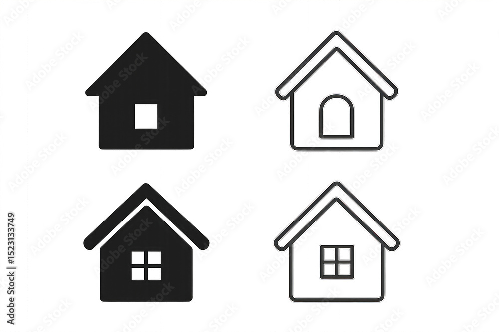 Set of colorful houses with unique designs isolated on transparent background.