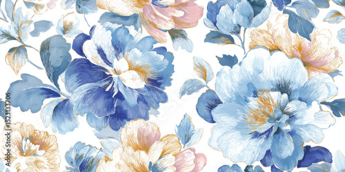 Elegant Blue Floral Seamless Pattern. Luxurious Watercolor Botanical Bloom Design for trendy design, textile, packaging, fabric, wallpaper, branding, stationery, wrapping paper interior decor