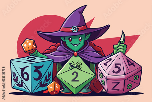 Cartoon Green Witch with Dice for Tabletop Role Playing Game