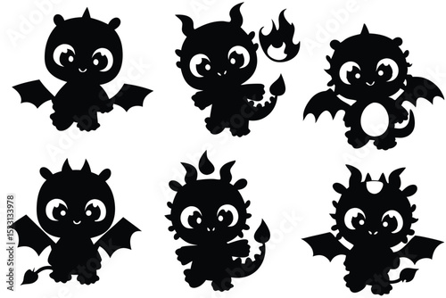 Collection of Cute Baby Dragon Silhouette Vector Illustrations on White Background