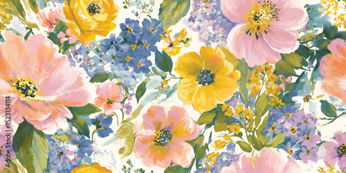 Cheerful Wildflower Meadow Floral Seamless Pattern. Vibrant Painterly Garden Bloom Design for trendy design, textile, packaging, fabric, wallpaper, branding, stationery, wrapping paper interior decor