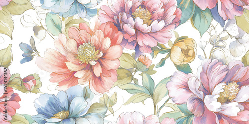 Elegant Watercolor Peony Floral Seamless Pattern. Delicate Botanical Bloom Design for trendy design, textile, packaging, fabric, wallpaper, branding, stationery, wrapping paper interior decor