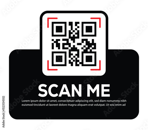 Minimalist white QR code centered on black rounded rectangle. Features bold "SCAN ME" invitation and placeholder text below. Clean, functional digital prompt designed to encourage scanning.