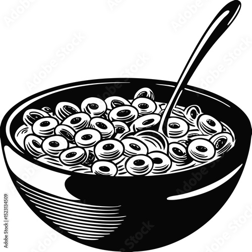 Delicious bowl of cereal with a spoon perfect for breakfast or healthy snack in monochrome artistic style.