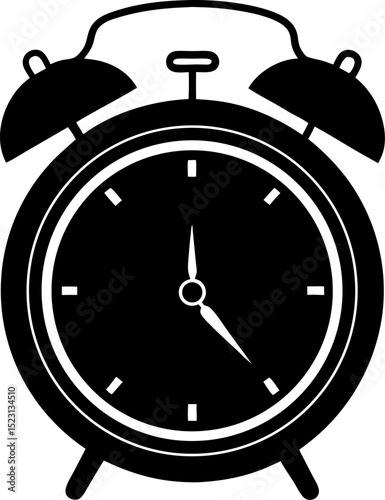 Classic black and white alarm clock icon depicting time and punctuality ideal for design and illustration